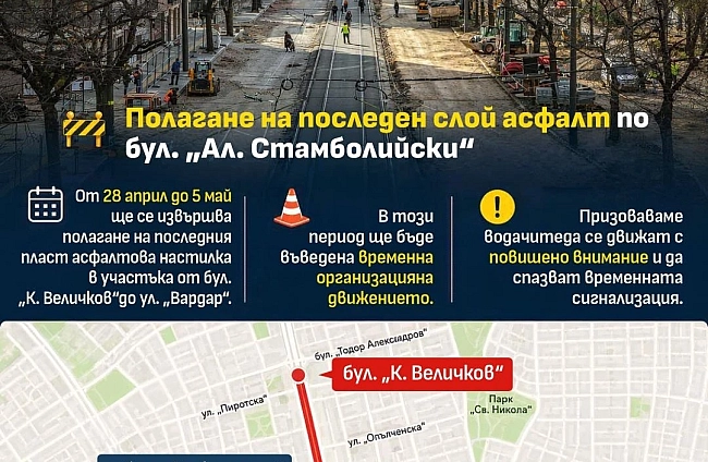 Мащабен ремонт на бул. Александър Стамболийски: Започва финалното асфалтиране